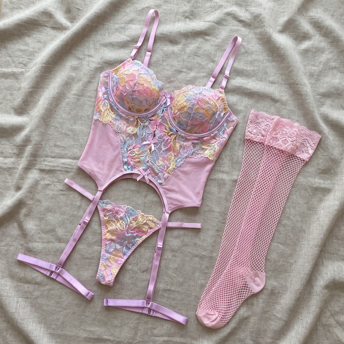 Avéline Floral Lace Garter Corset Set with Thong & Stockings