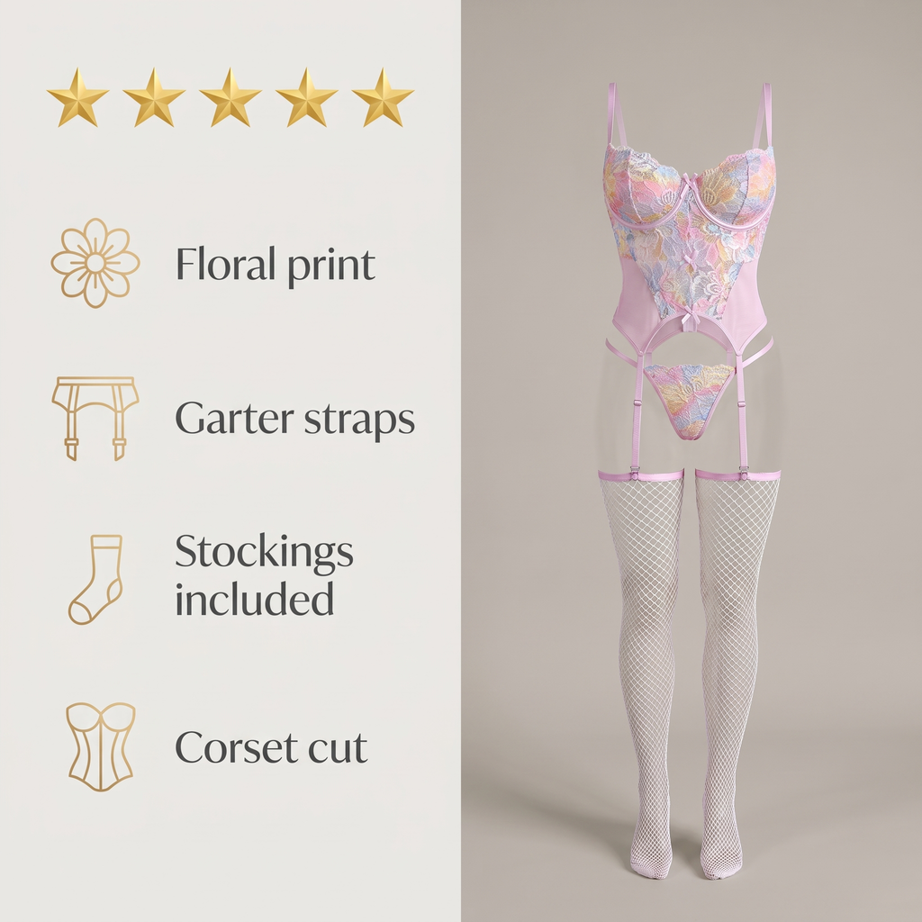 Avéline Floral Lace Garter Corset Set with Thong & Stockings