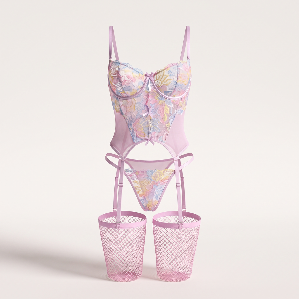 Avéline Floral Lace Garter Corset Set with Thong & Stockings