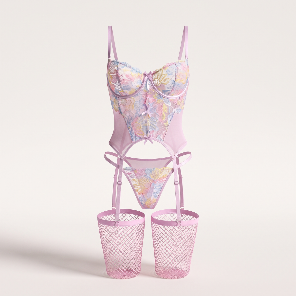 Avéline Floral Lace Garter Corset Set with Thong & Stockings