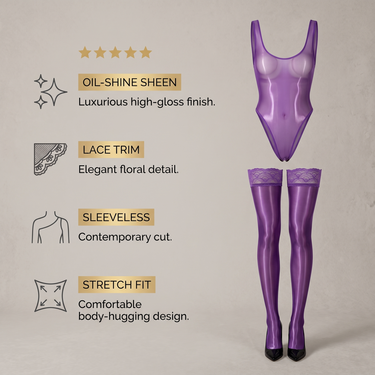 Avéline Oil-Shine Sheer Crotchless Bodysuit with Lace Stockings