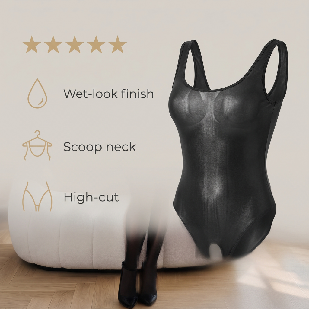 Avéline Wet-Look Scoop-Neck Crotchless Bodysuit with Thigh-Highs