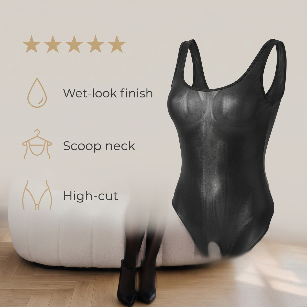 Avéline Wet-Look Scoop-Neck Crotchless Bodysuit with Thigh-Highs
