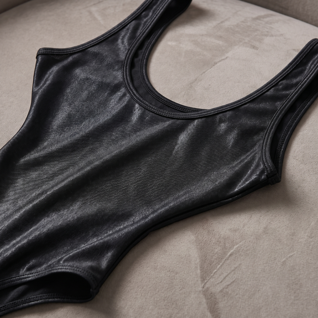 Avéline Wet-Look Scoop-Neck Crotchless Bodysuit with Thigh-Highs