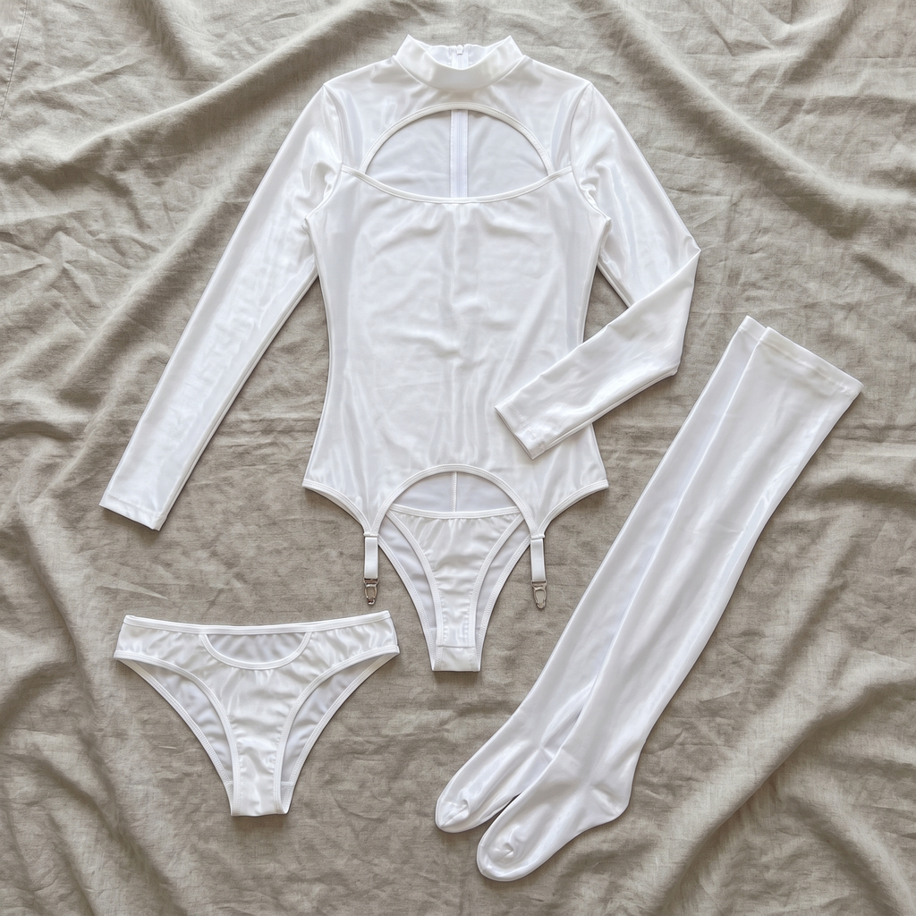 Avéline Oil-Shine Long-Sleeve Garter Top & Cut-Out Stockings Set