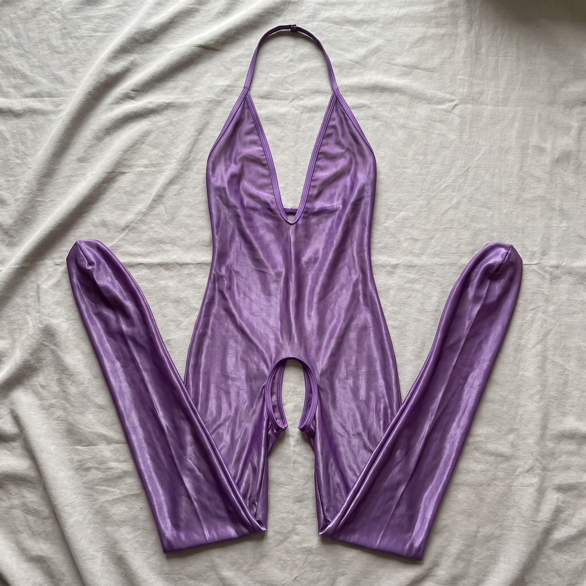 Avéline Glossy Sheer Halter Deep-V Bodystocking