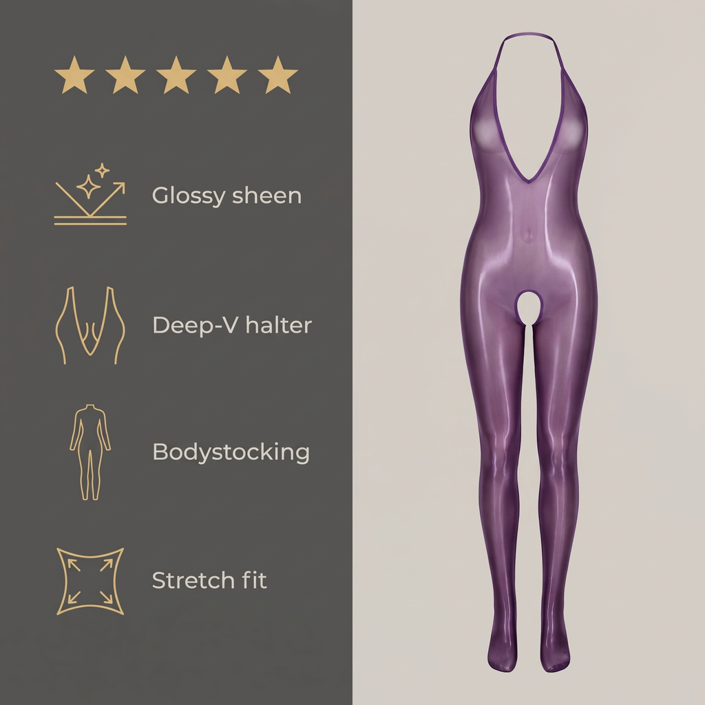 Avéline Glossy Sheer Halter Deep-V Bodystocking