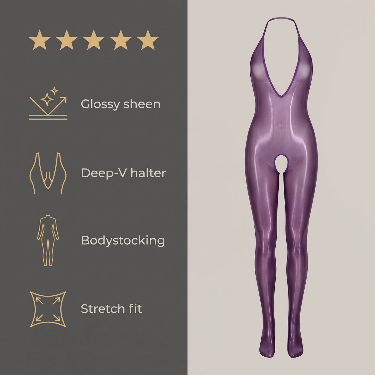 Avéline Glossy Sheer Halter Deep-V Bodystocking