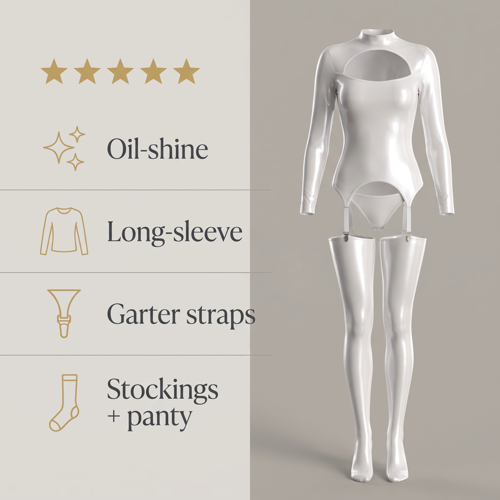 Avéline Oil-Shine Long-Sleeve Garter Top & Cut-Out Stockings Set