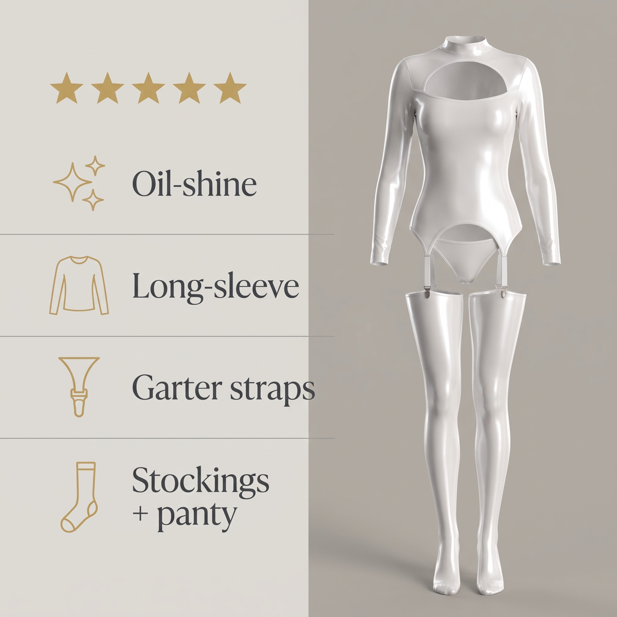 Avéline Oil-Shine Long-Sleeve Garter Top & Cut-Out Stockings Set