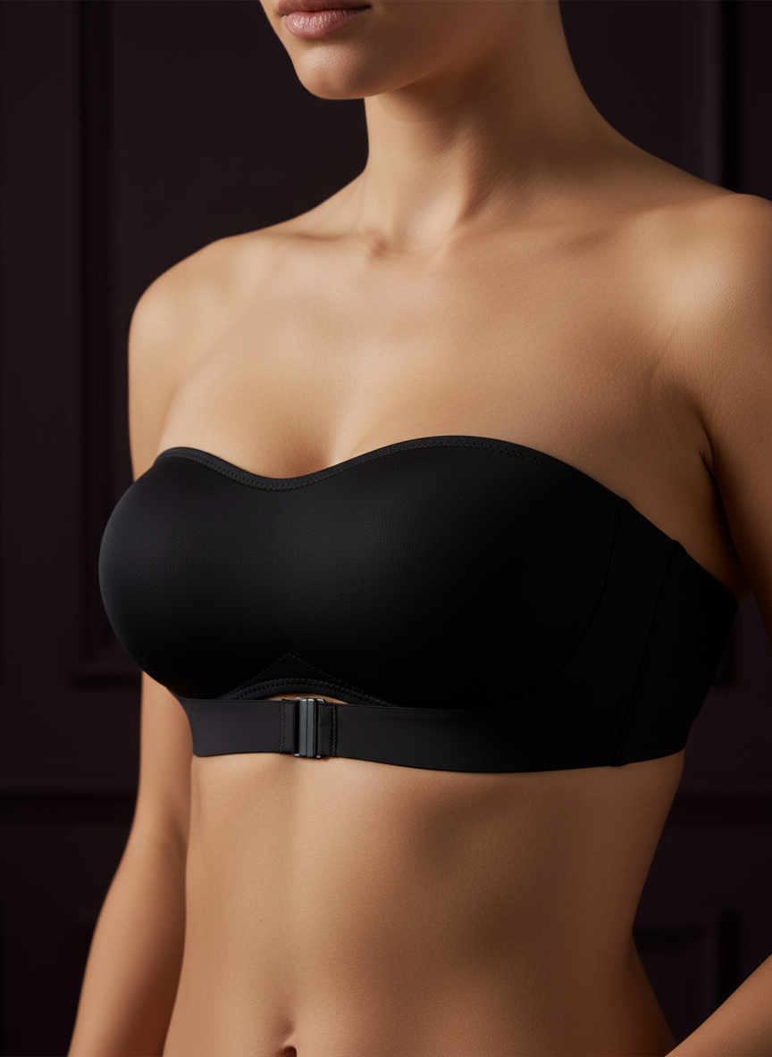 Model wearing Avéline Strapless Buckle-Front Bandeau Bra